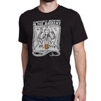 Black t-shirt featuring Jersey Devil hugging a pint of beer