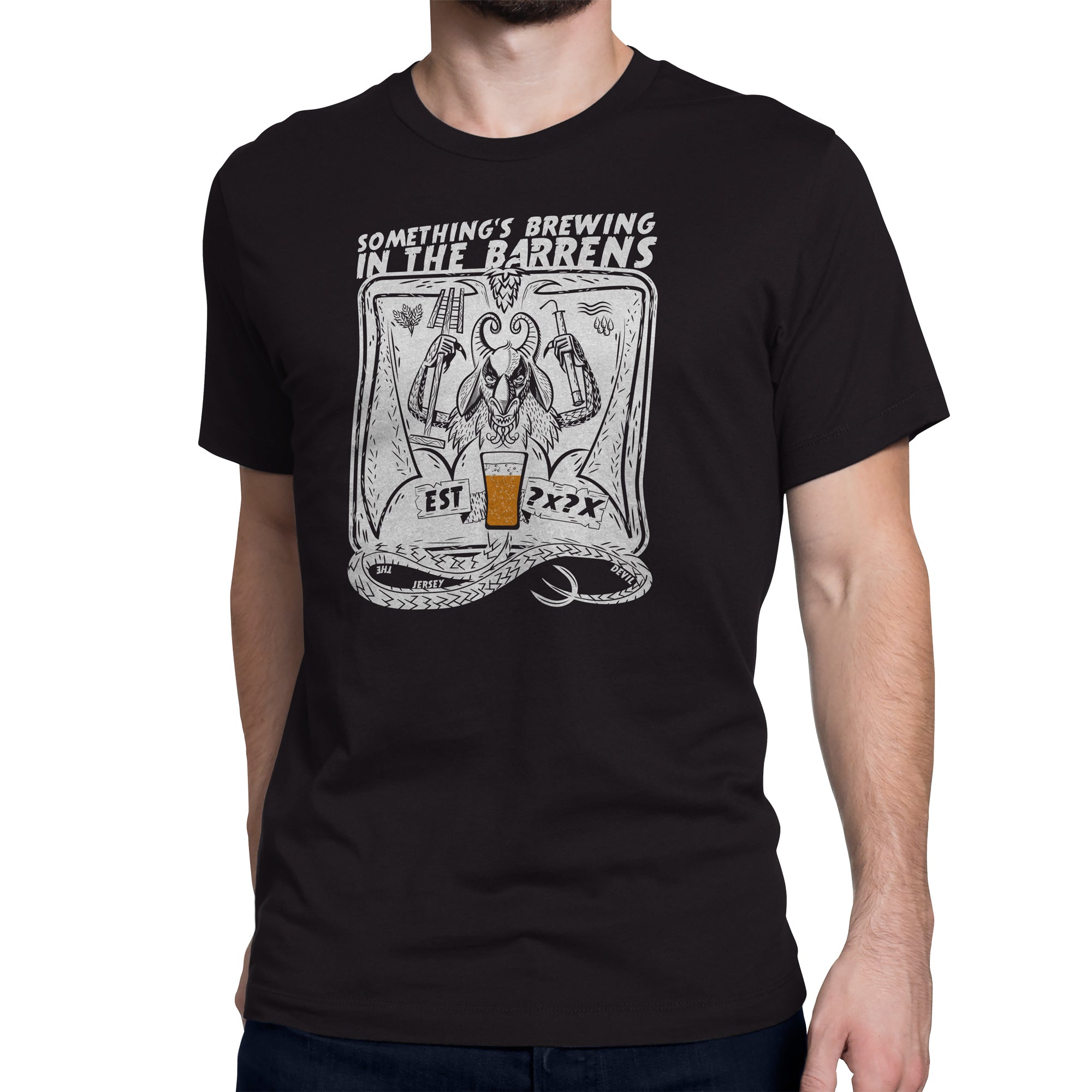 Black t-shirt featuring Jersey Devil hugging a pint of beer