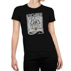 Women's craft beer tee with mischievous devil character and hops