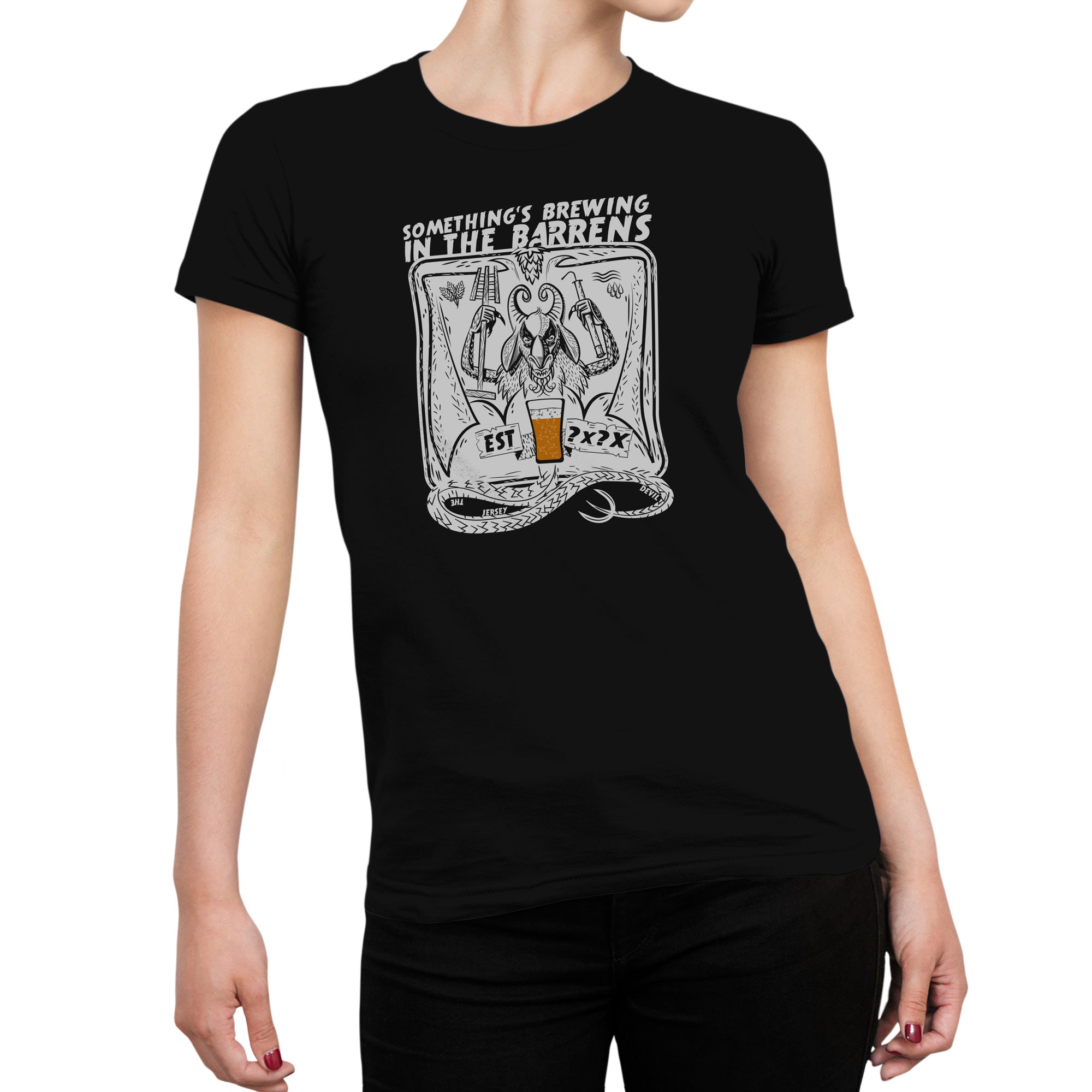 Women's craft beer tee with mischievous devil character and hops