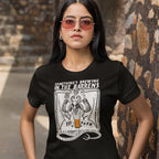 Devil graphic holding frothy IPA on women's black tee