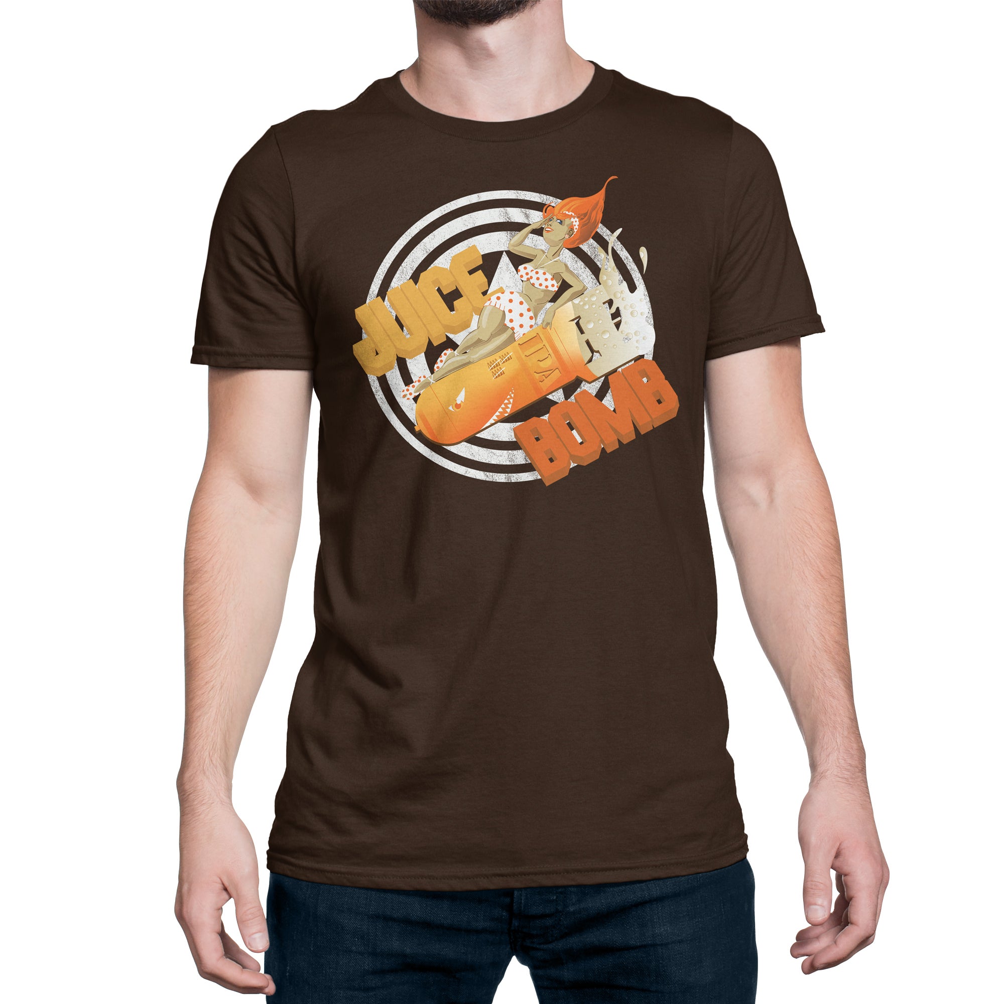 Brown t-shirt with Juice Bomb IPA tropical hop graphic