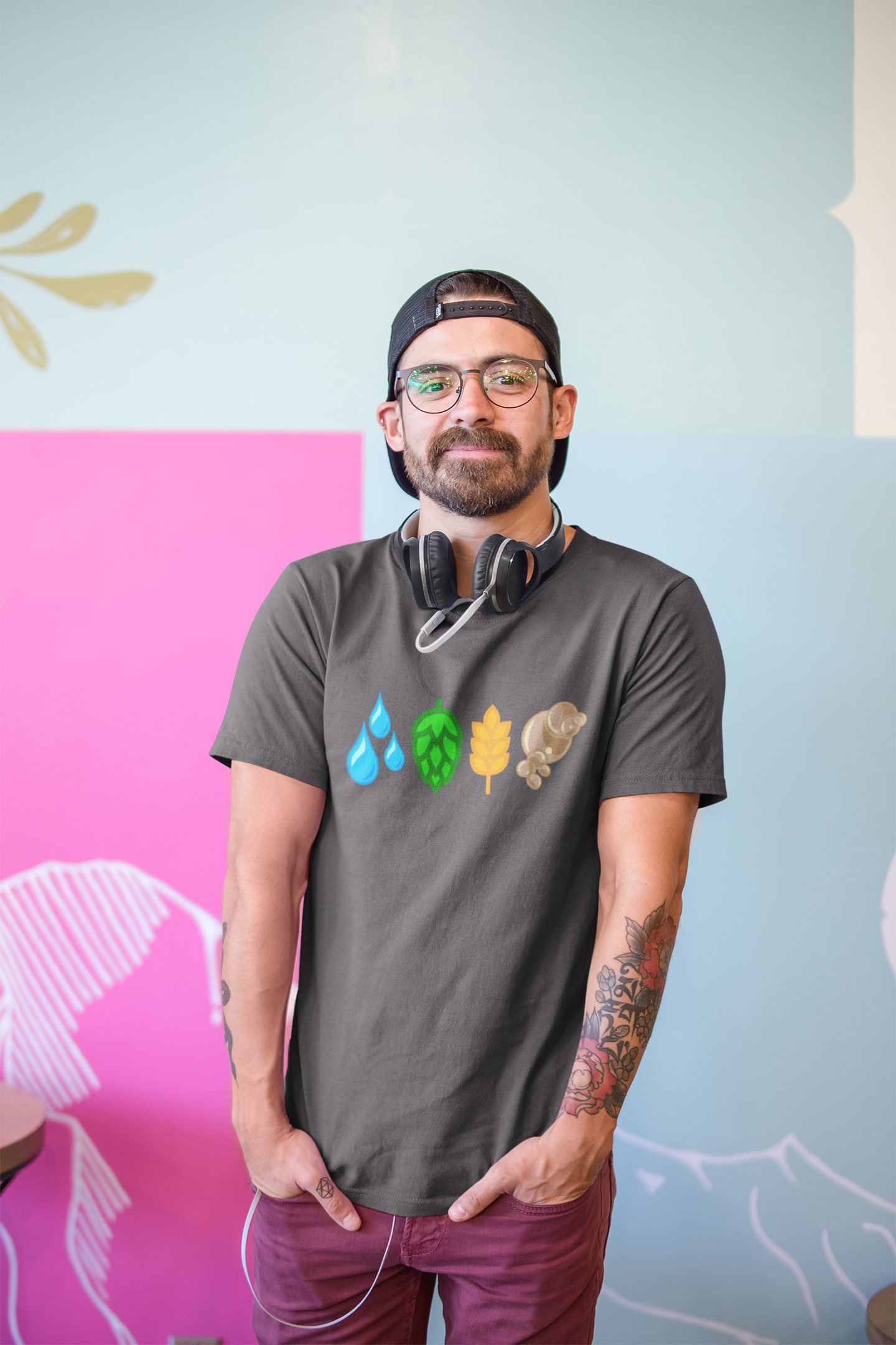 Comfortable ringspun cotton shirt with ingredient lineup for beer