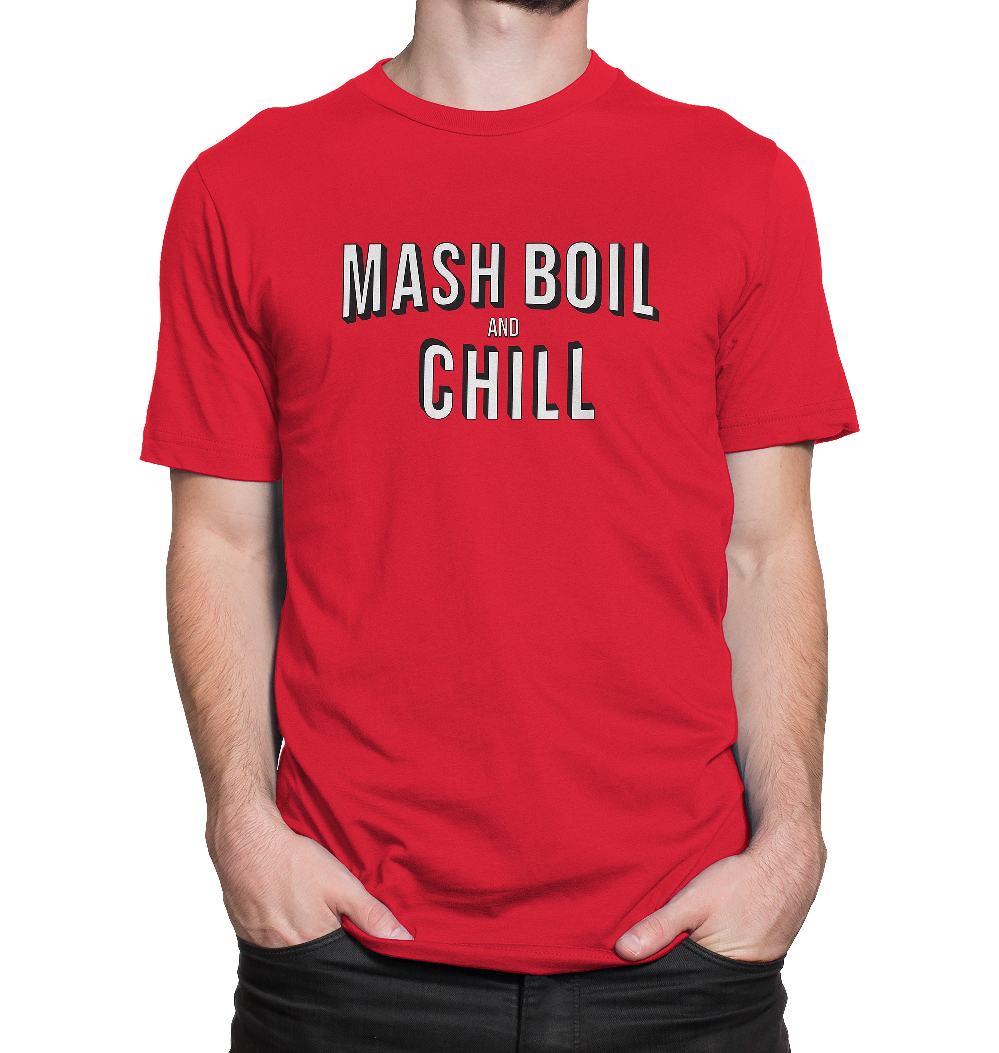 Red t-shirt with bold white Mash, Boil & Chill text