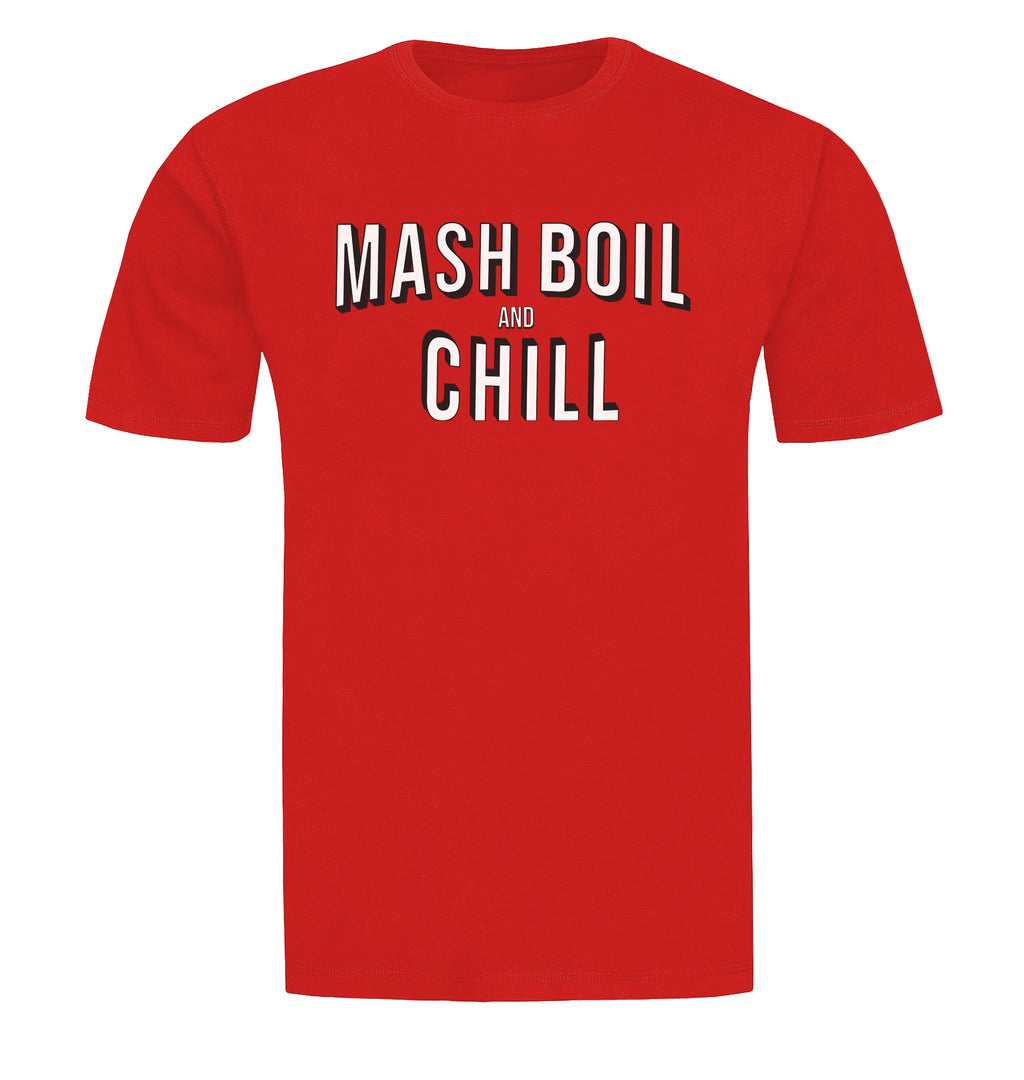 Unisex ringspun cotton tee in red or black with brewing steps