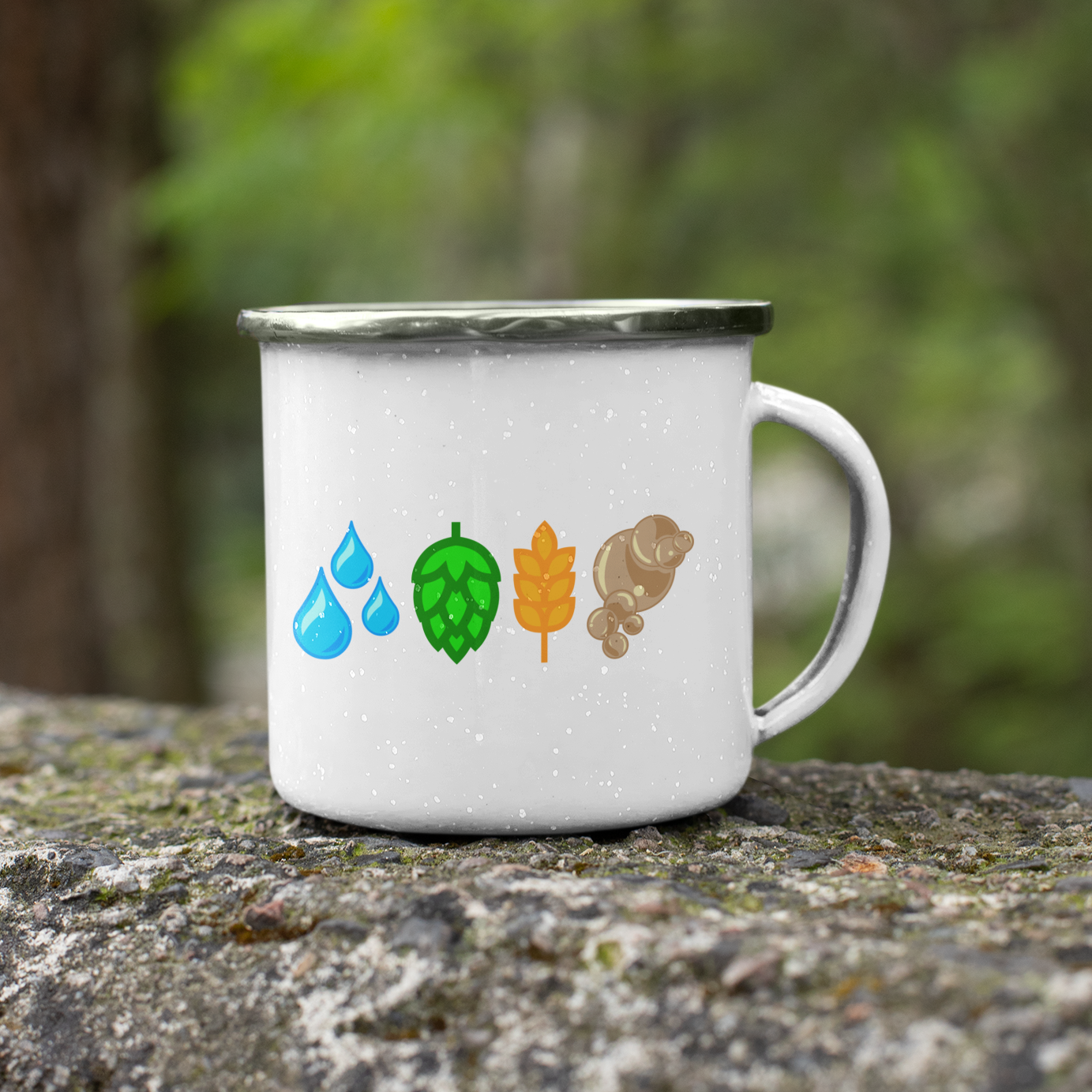 White 11 oz camping mug with water, hop, barley, and yeast icons