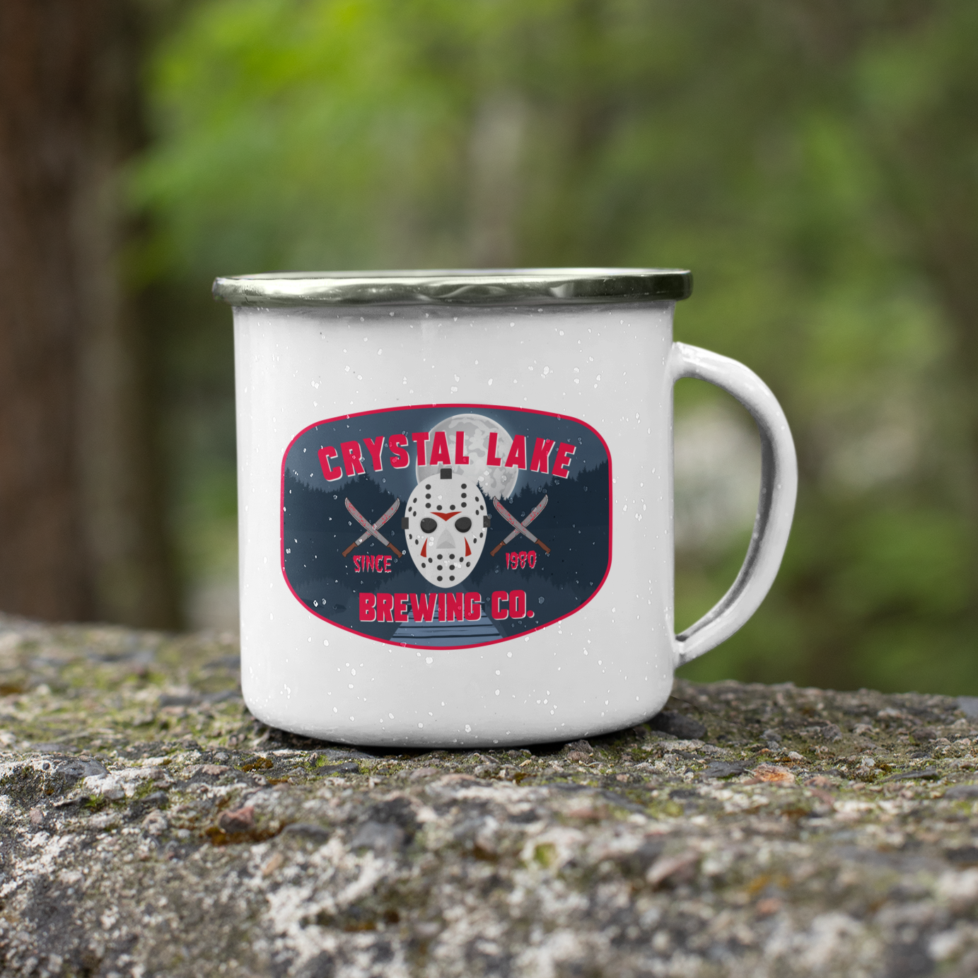 White Crystal Lake Brewing Co. camping mug with hockey mask and knives