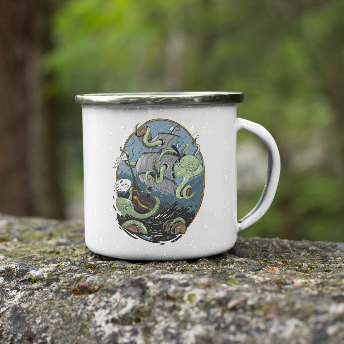 Camping mug with giant octopus attacking ship for beer