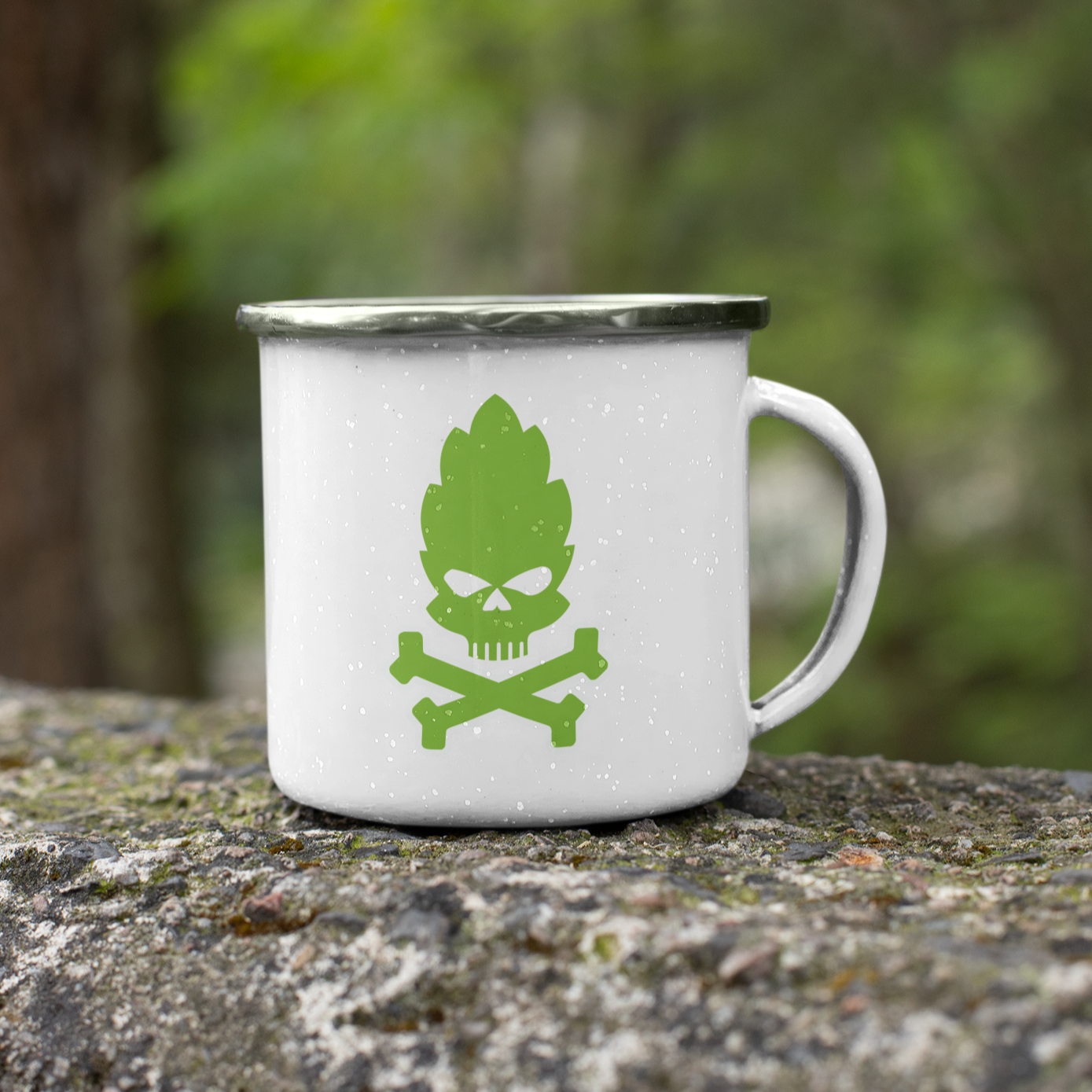 Stainless steel camping mug with hop skull and crossbones emblem