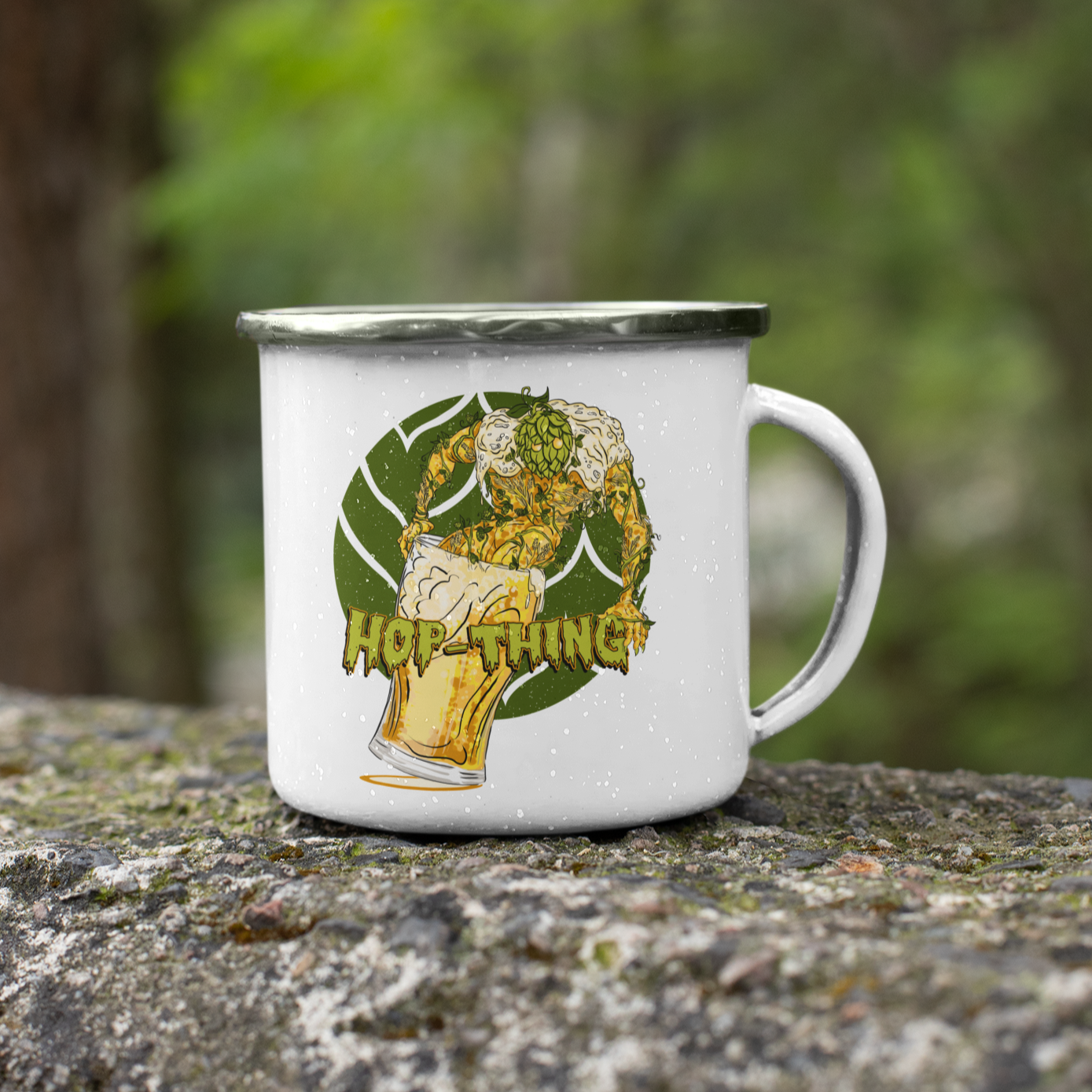 Stainless steel camping mug with Hop-Thing hop monster emerging from beer pint”