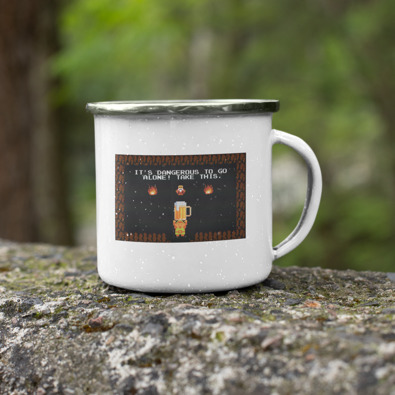 11oz stainless steel mug with dangerous to go alone beer graphic