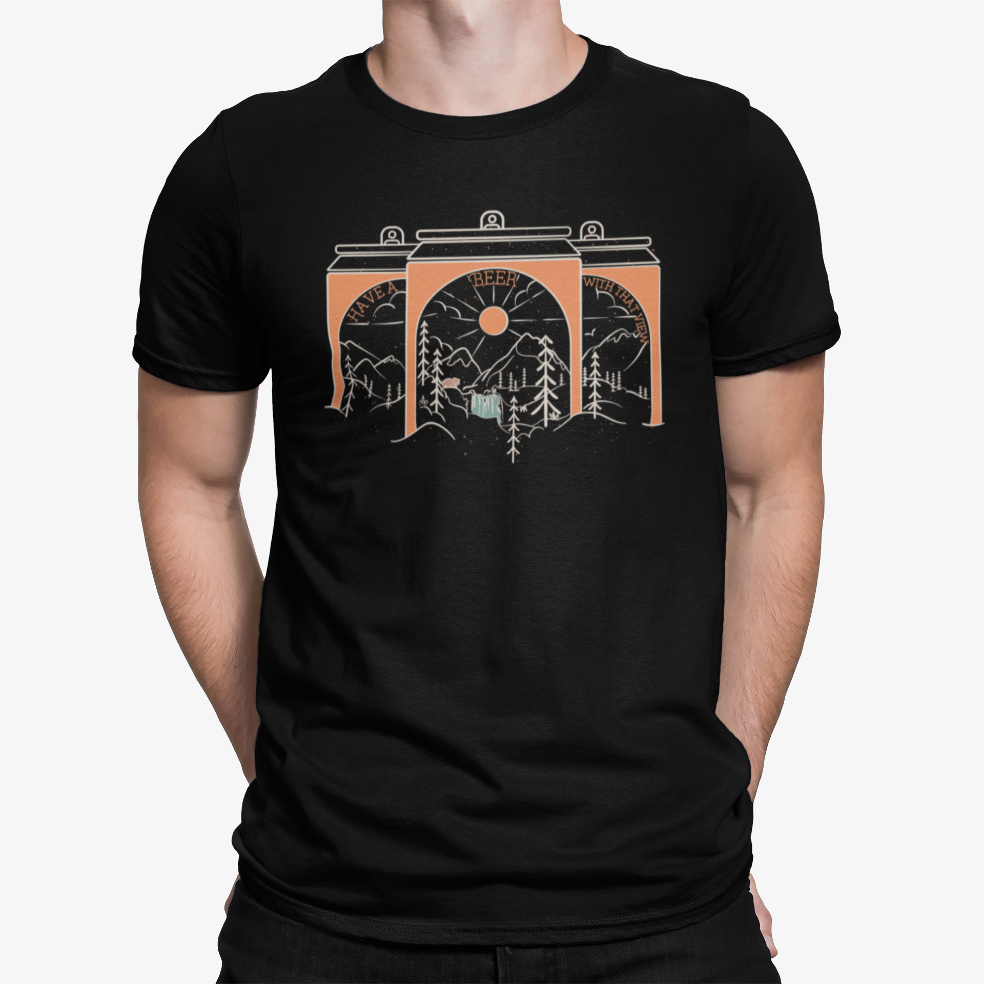 Have A Beer T-Shirt with three beer cans framing mountain and waterfall scenes