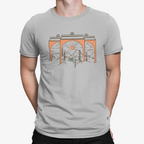 Gray t-shirt featuring stylized beer cans and outdoor landscape design