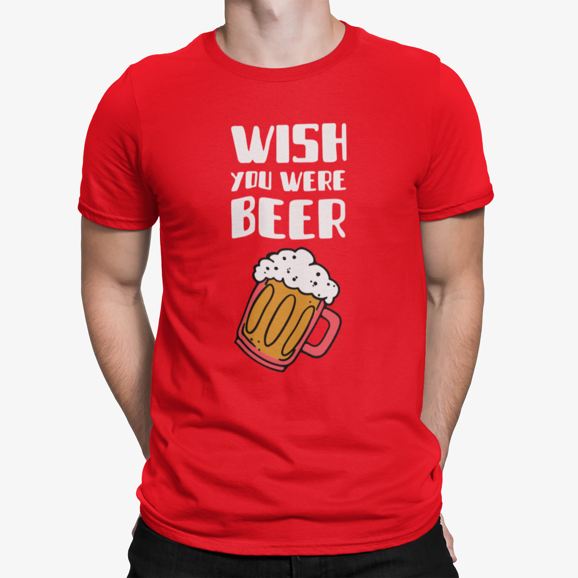 Red unisex shirt with bold white Wish You Were Beer slogan and beer icon