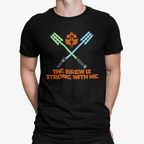 Black t-shirt with crossed mash paddles like lightsabers and hop-leaf emblem