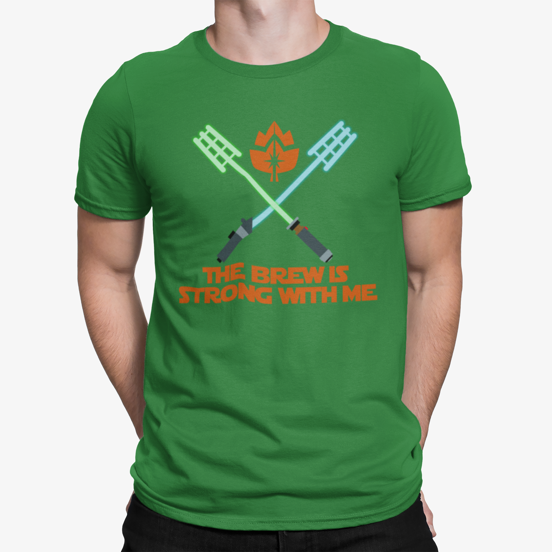 Green ringspun cotton tee featuring The Brew Is Strong With Me text and lightsaber mash-paddles