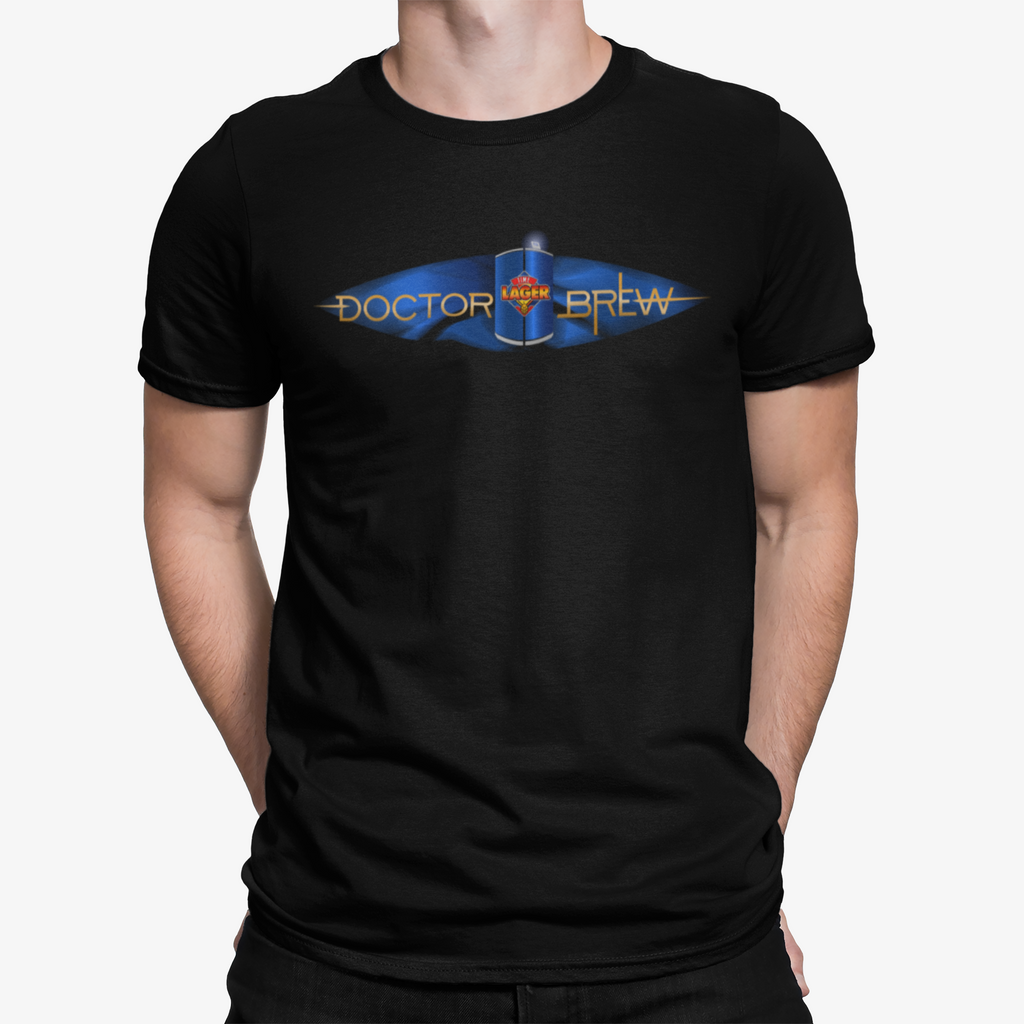 Doctor Brew T-shirt with blue TARDIS-style beer can design