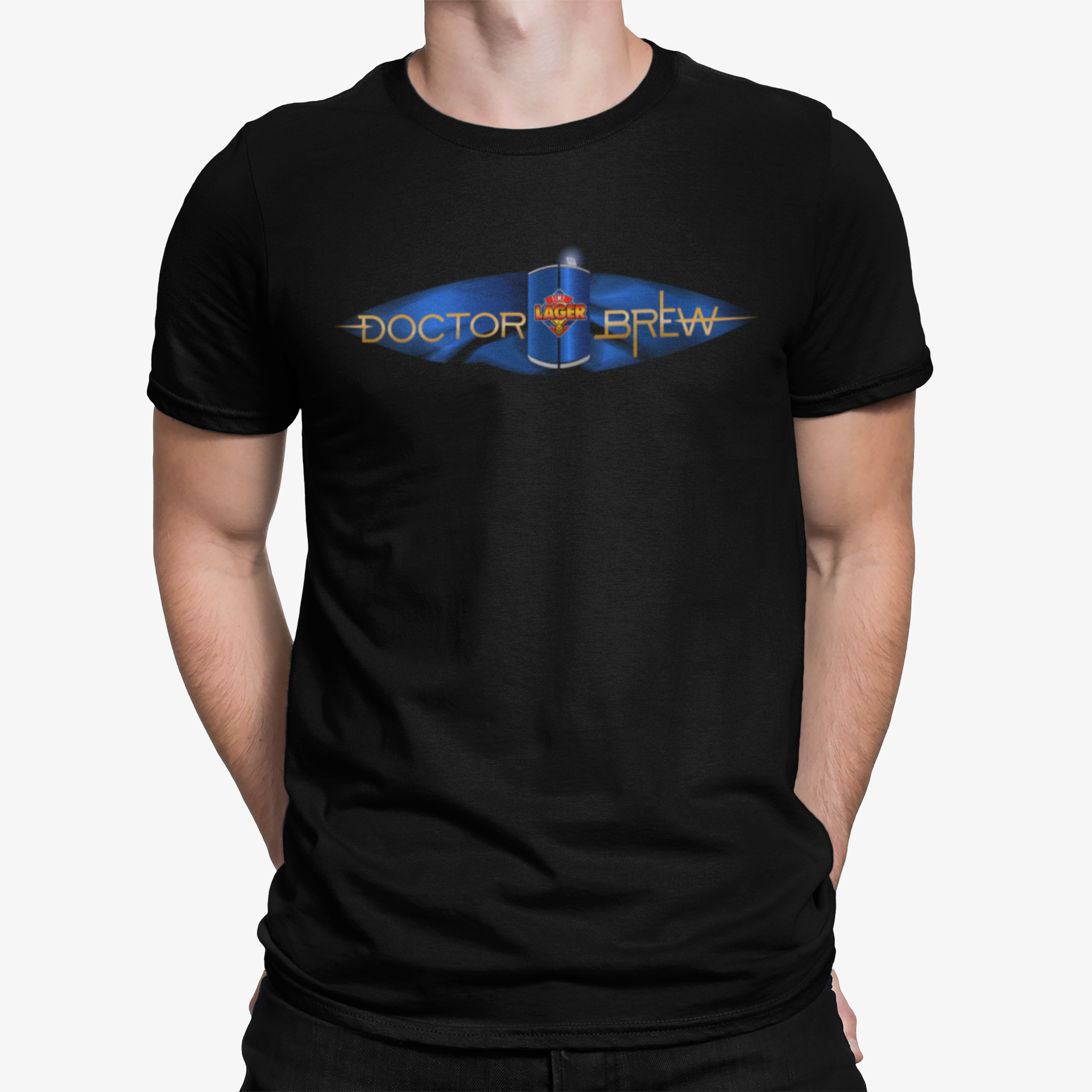 Doctor Brew T-shirt with blue TARDIS-style beer can design
