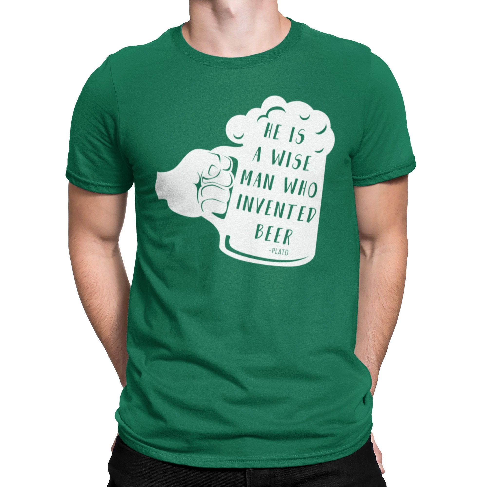 Green t-shirt with Plato quote He is a wise man who invented beer inside a beer mug graphic