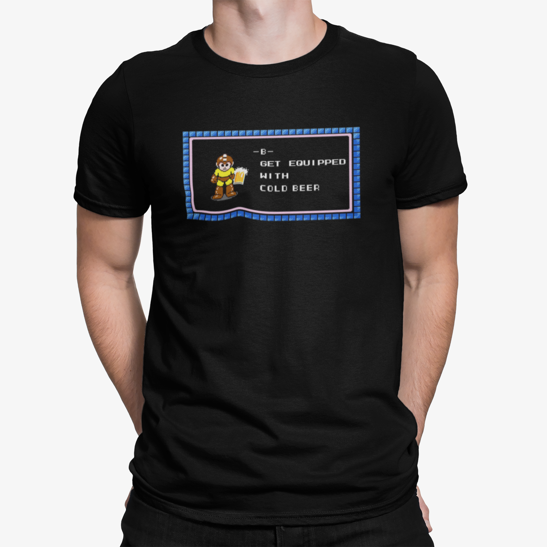 Funny beer shirt with Mega Man-style 8-bit parody graphic