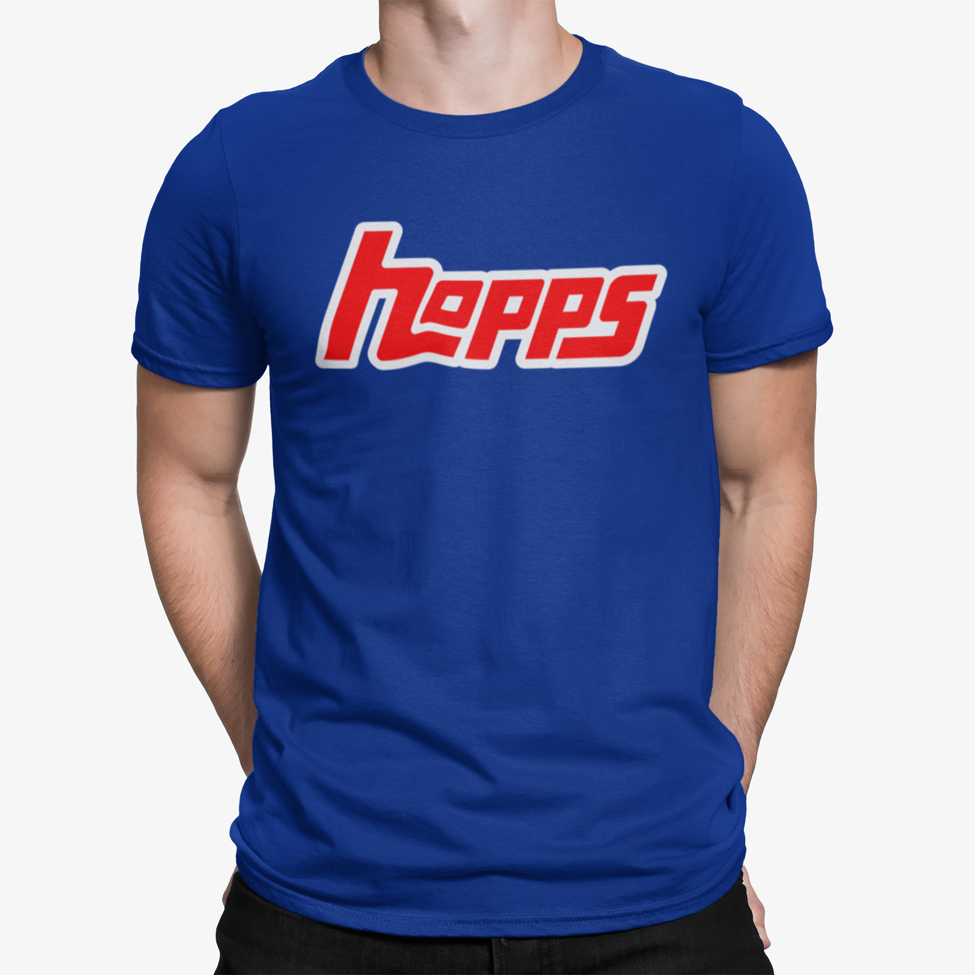 True blue Hopps Homebrewing T-Shirt with retro red and white logo