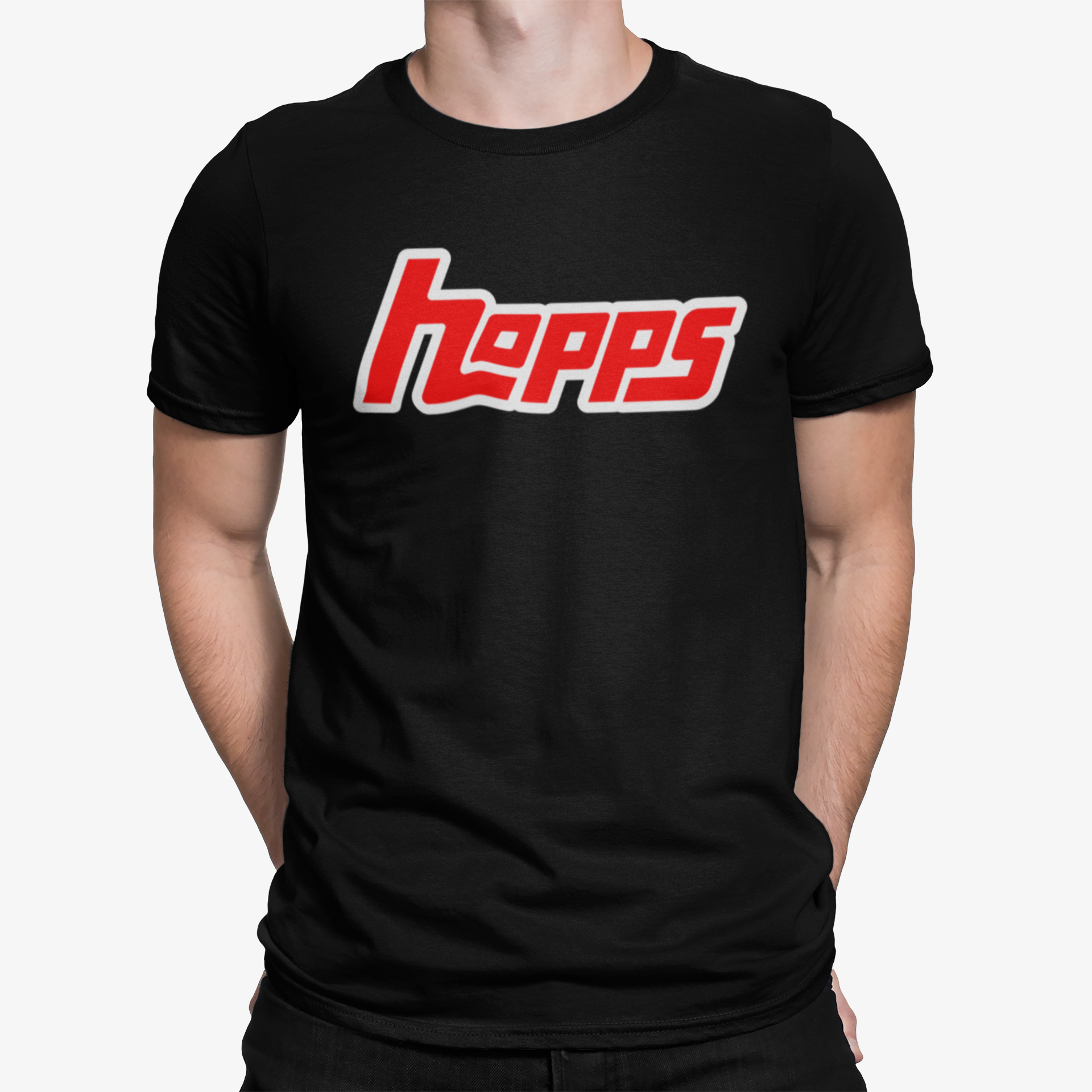 Black ringspun cotton T-Shirt with bold Hopps homebrewing logo