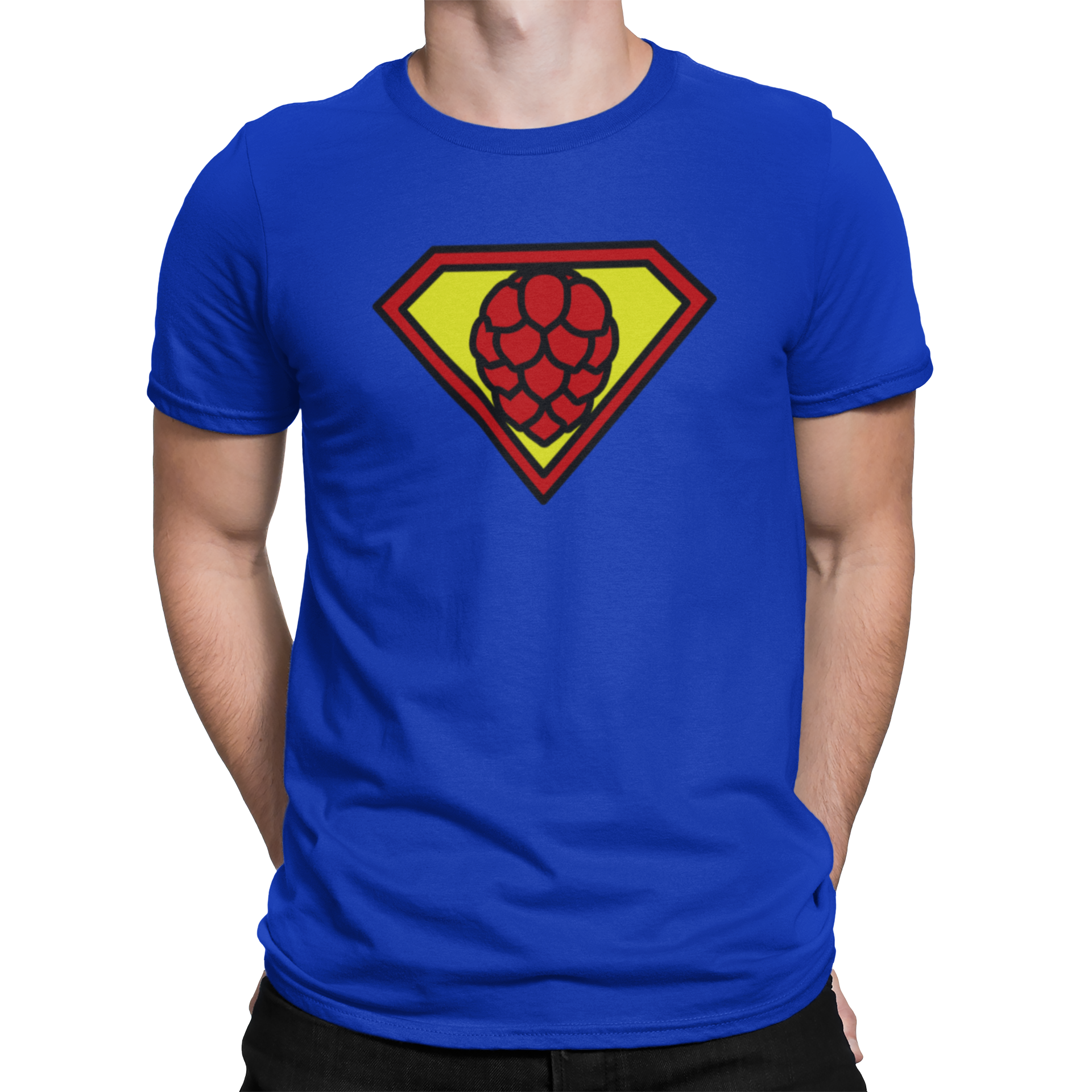 Blue t-shirt with yellow-and-red SuperHop hop-cone shield graphic