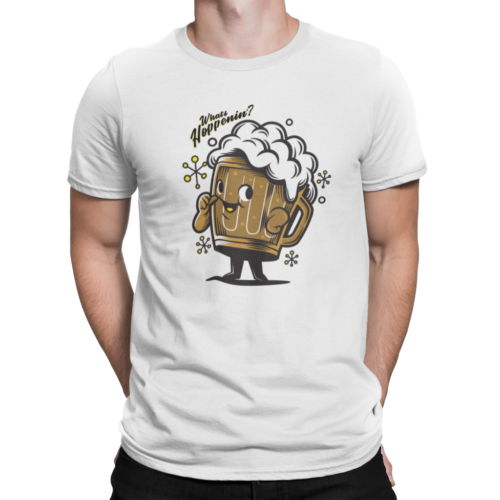 White ringspun cotton tee featuring frothy wink­ing beer mug design