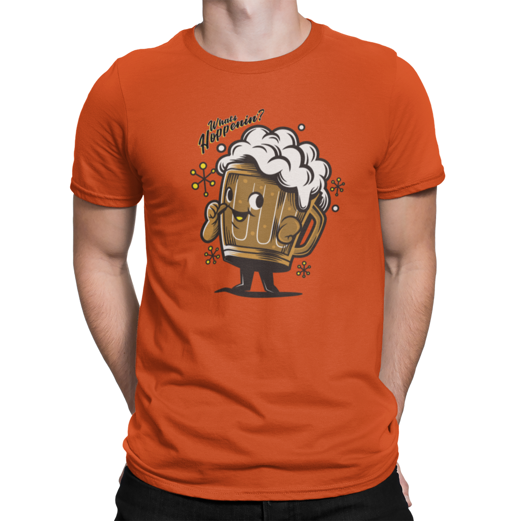 Orange t-shirt with cartoon beer mug and What’s Hoppenin’ text