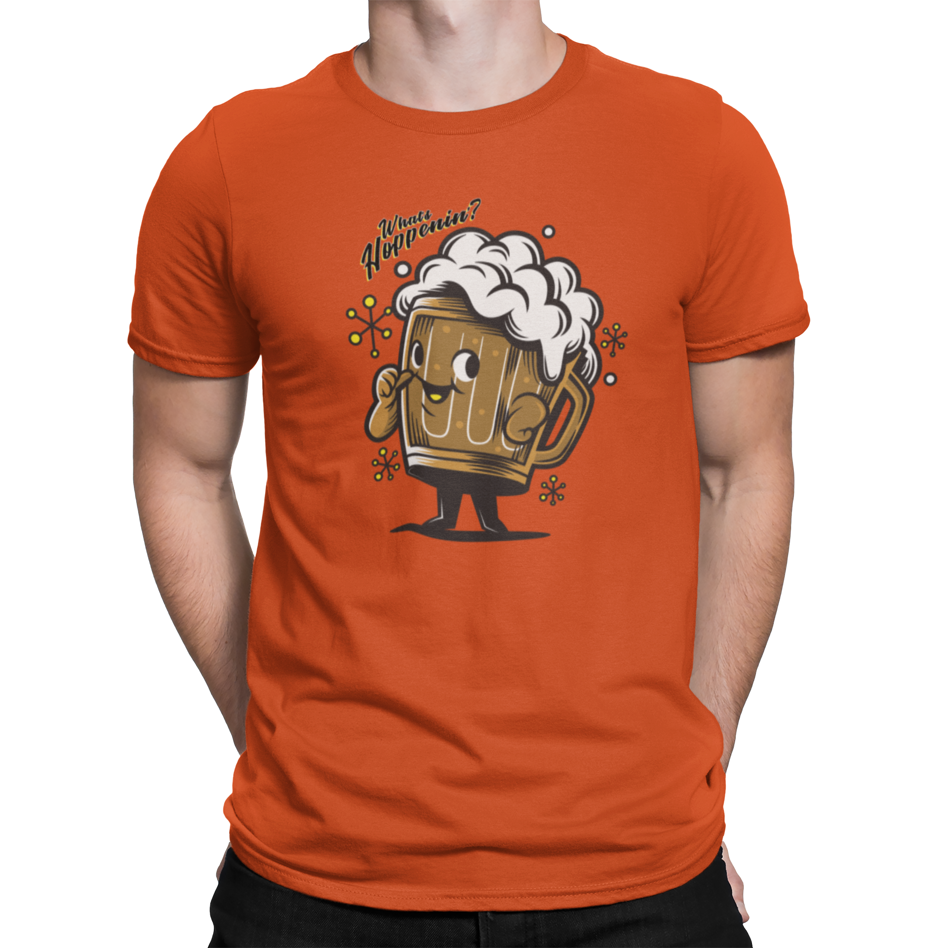 Orange t-shirt with cartoon beer mug and What’s Hoppenin’ text