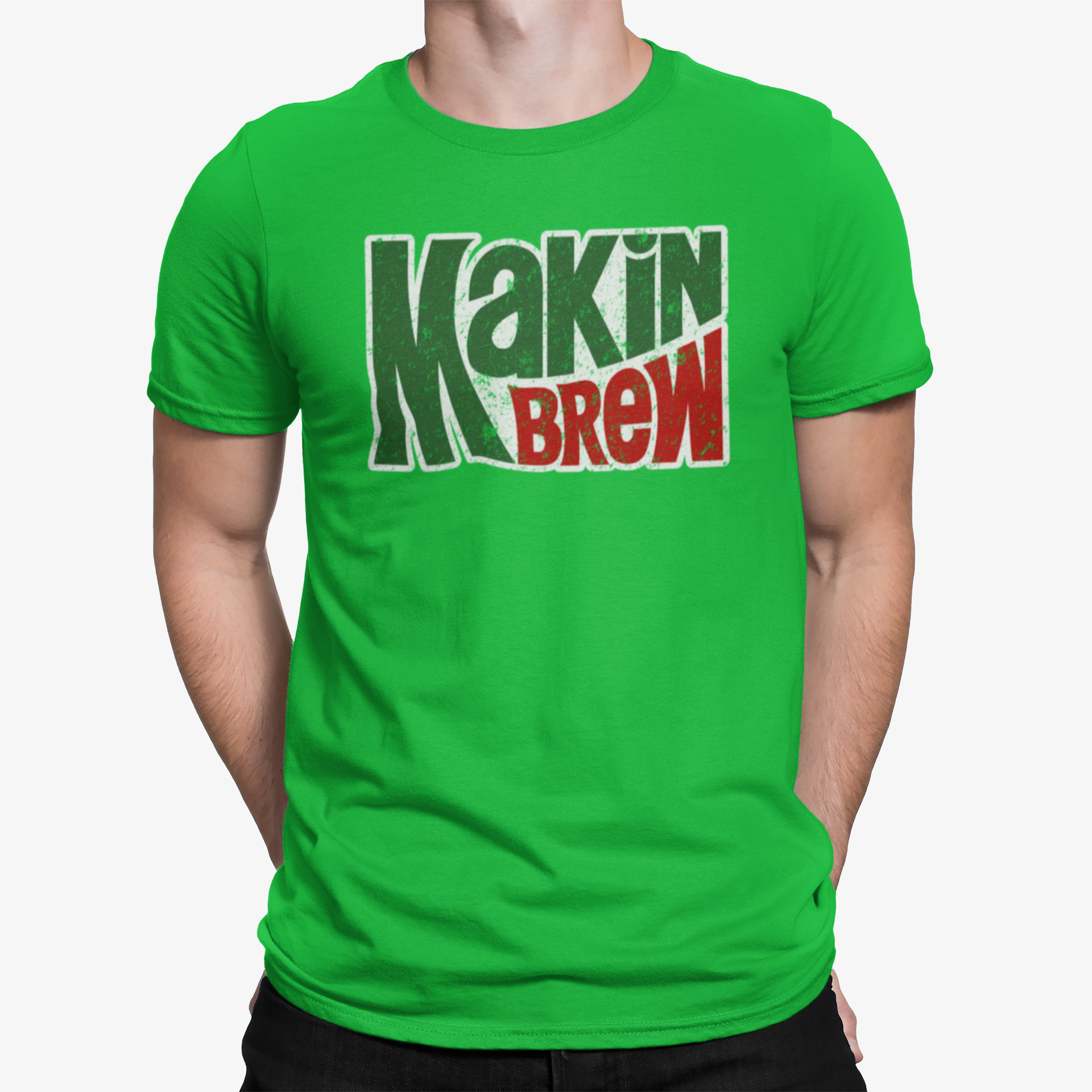 Homebrewing tee featuring parody Mountain Dew logo in green and red