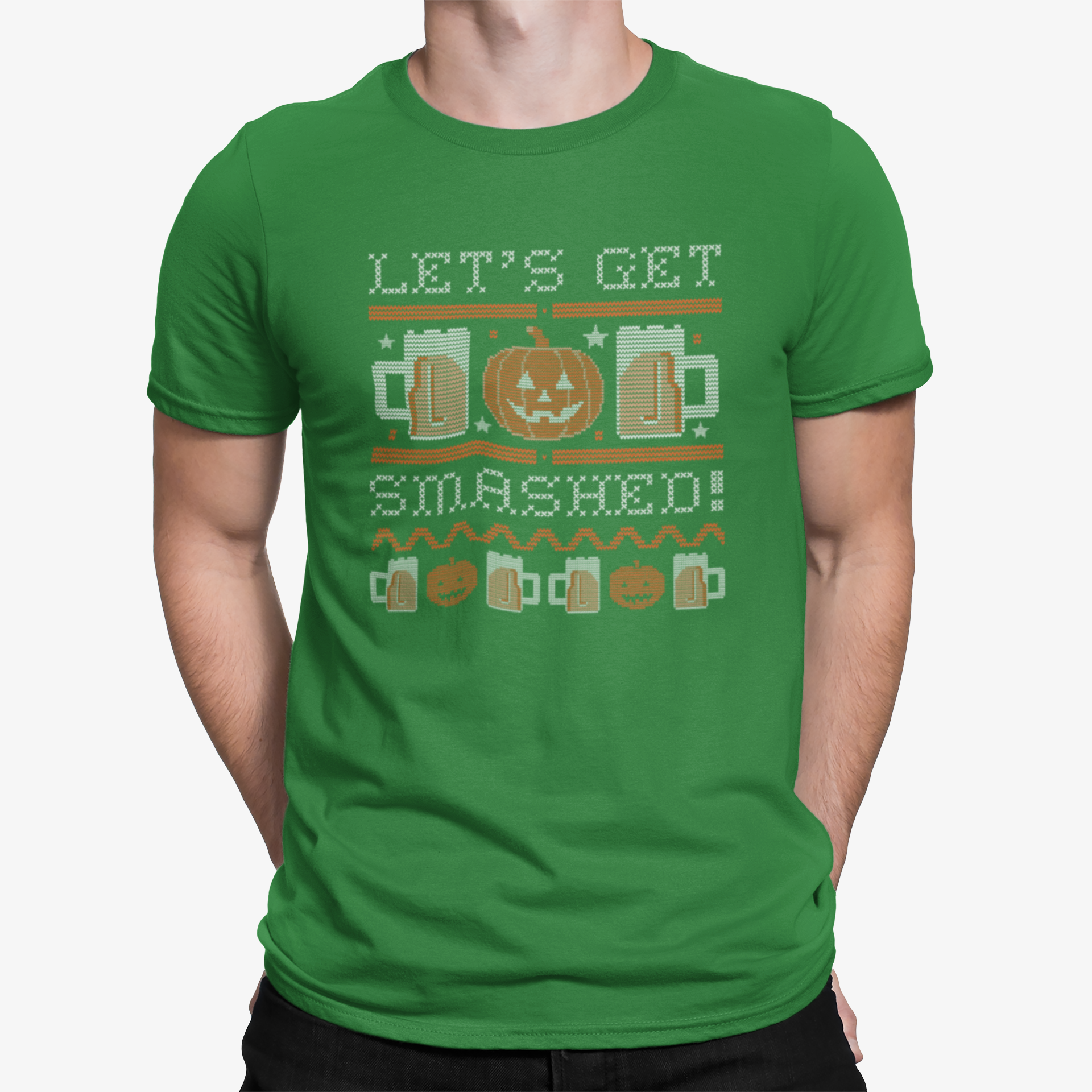 Green Halloween beer tee with pumpkins and pints