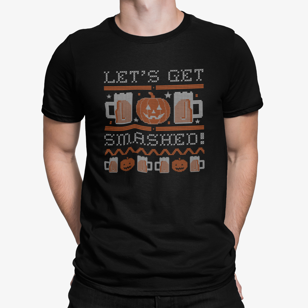 Short-sleeve t-shirt with ugly Halloween sweater beer print