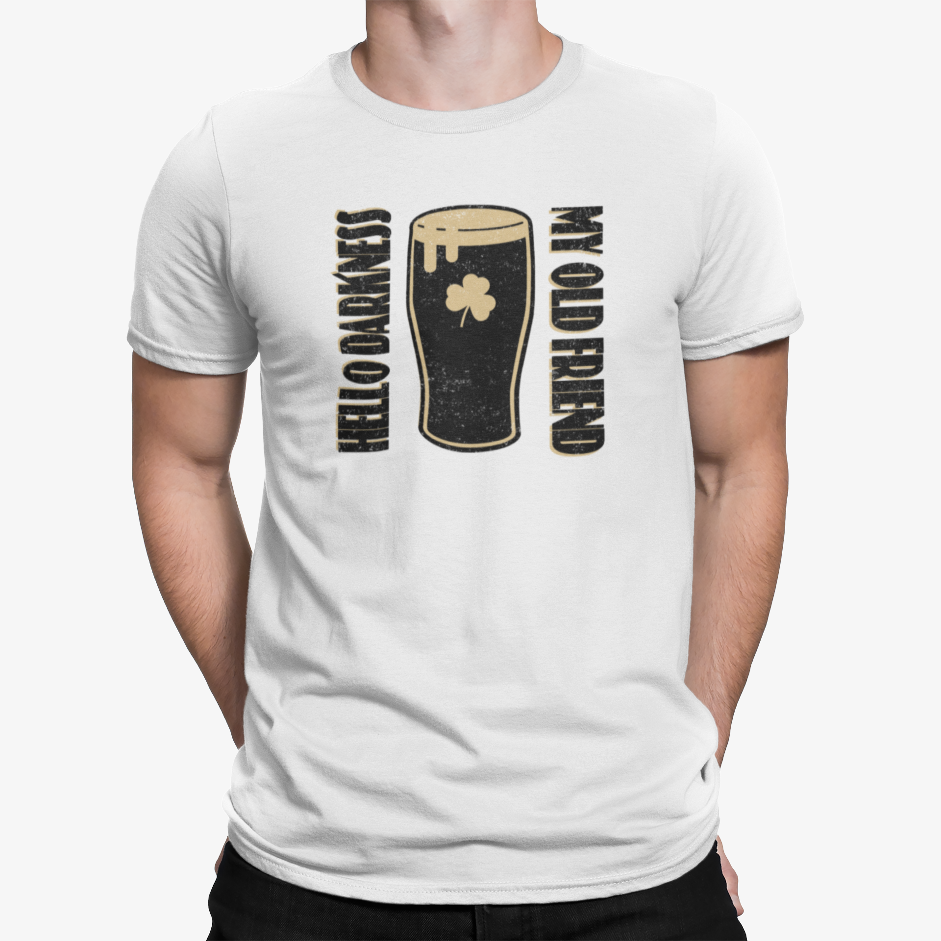 Hello Darkness My Old Friend stout beer t-shirt with frothy pint and shamrock on white