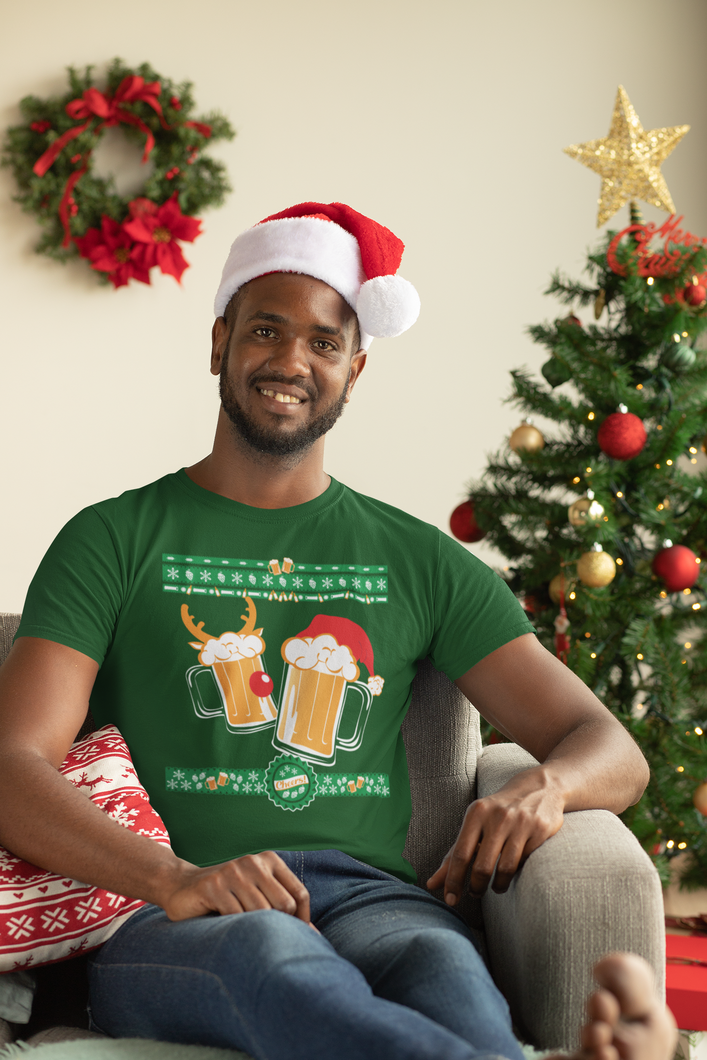 Holiday knit-pattern border and Cheers wreath badge beneath festive pint icons
