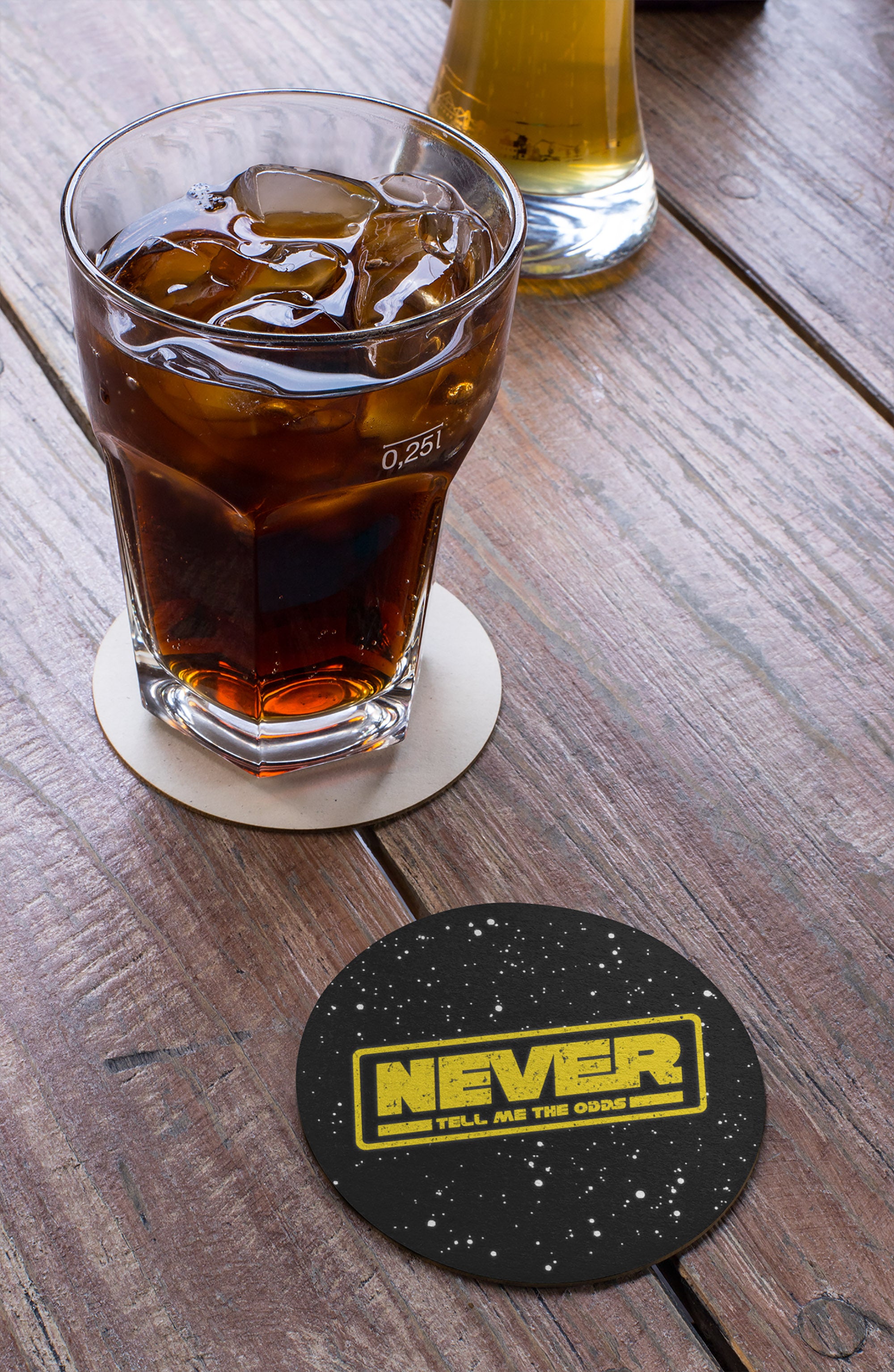 Star-field background beer coaster featuring bold NEVER banner