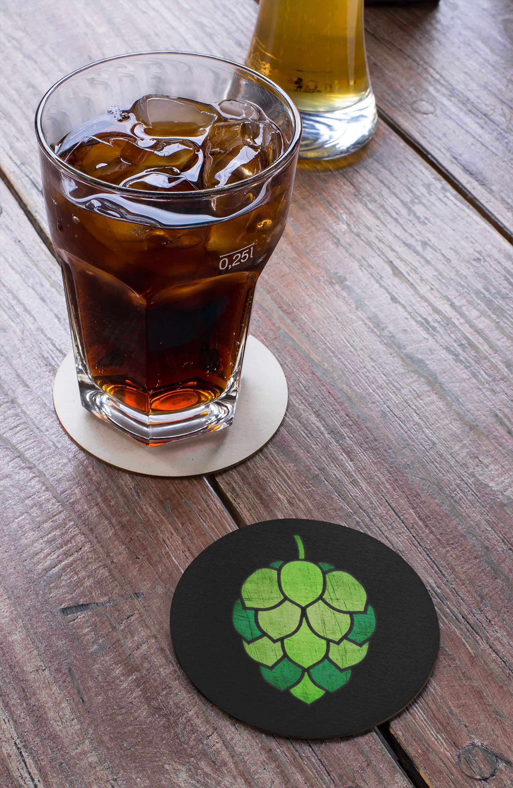 High-density fiberboard beer coaster featuring stained-glass hop design