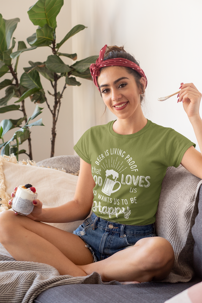 Beer is Living Proof Green Women's T-Shirt On Model