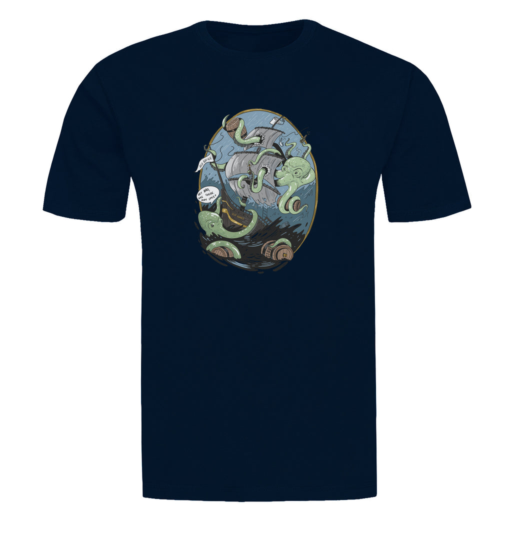 Navy beer t-shirt with tentacle creature and barrels of beer