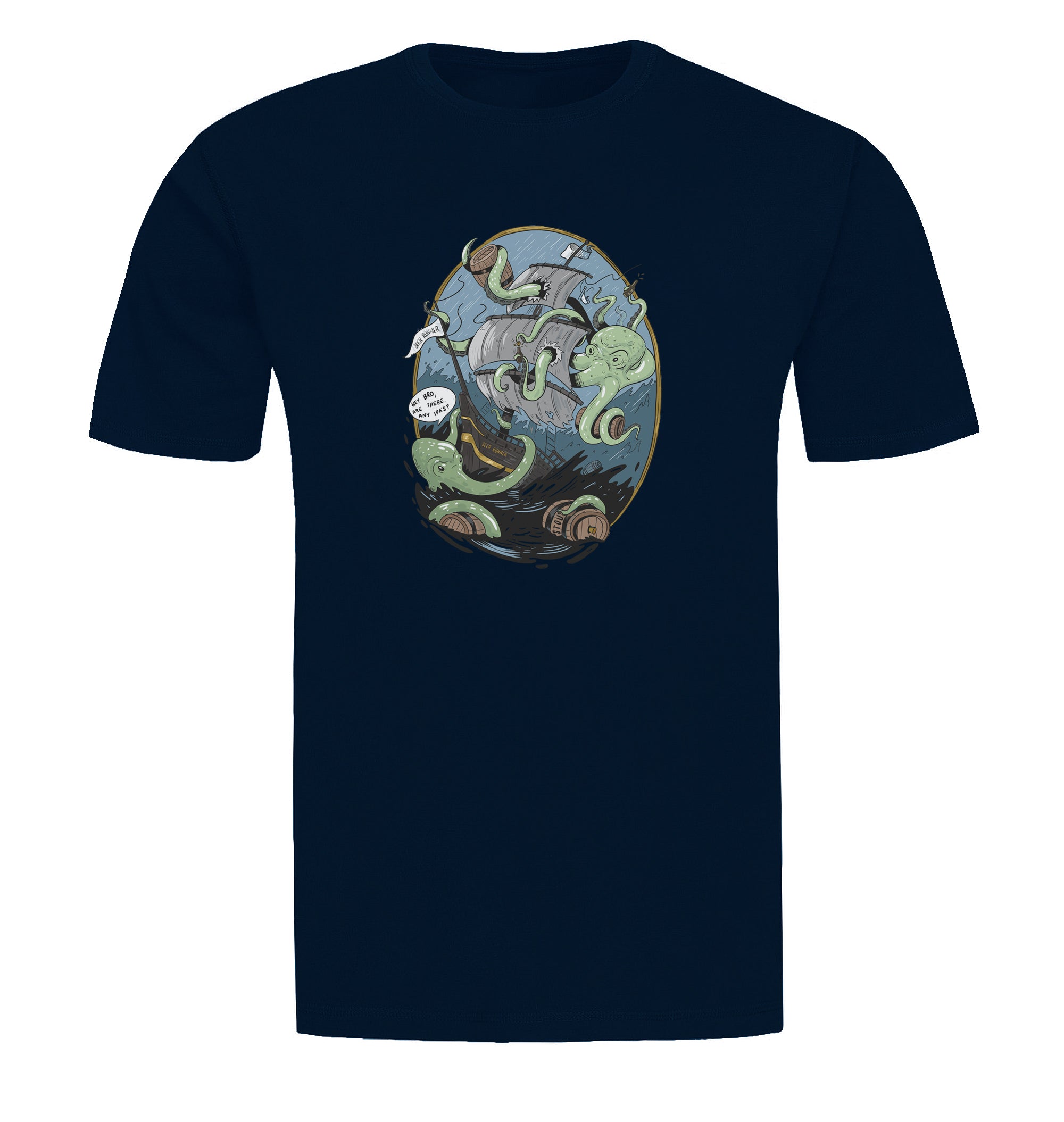 Navy beer t-shirt with tentacle creature and barrels of beer