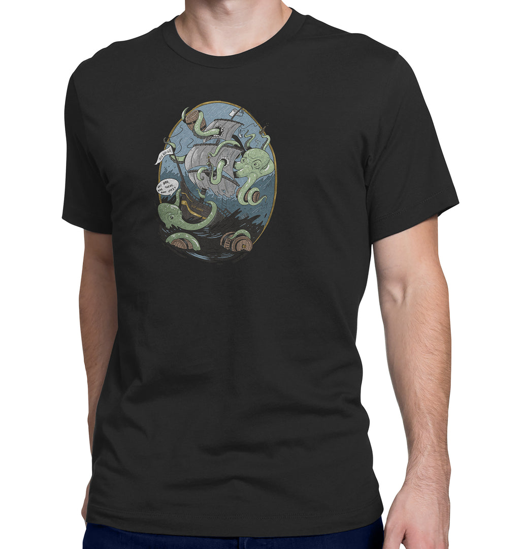 Humorous craft beer t-shirt with sea monster chasing beer