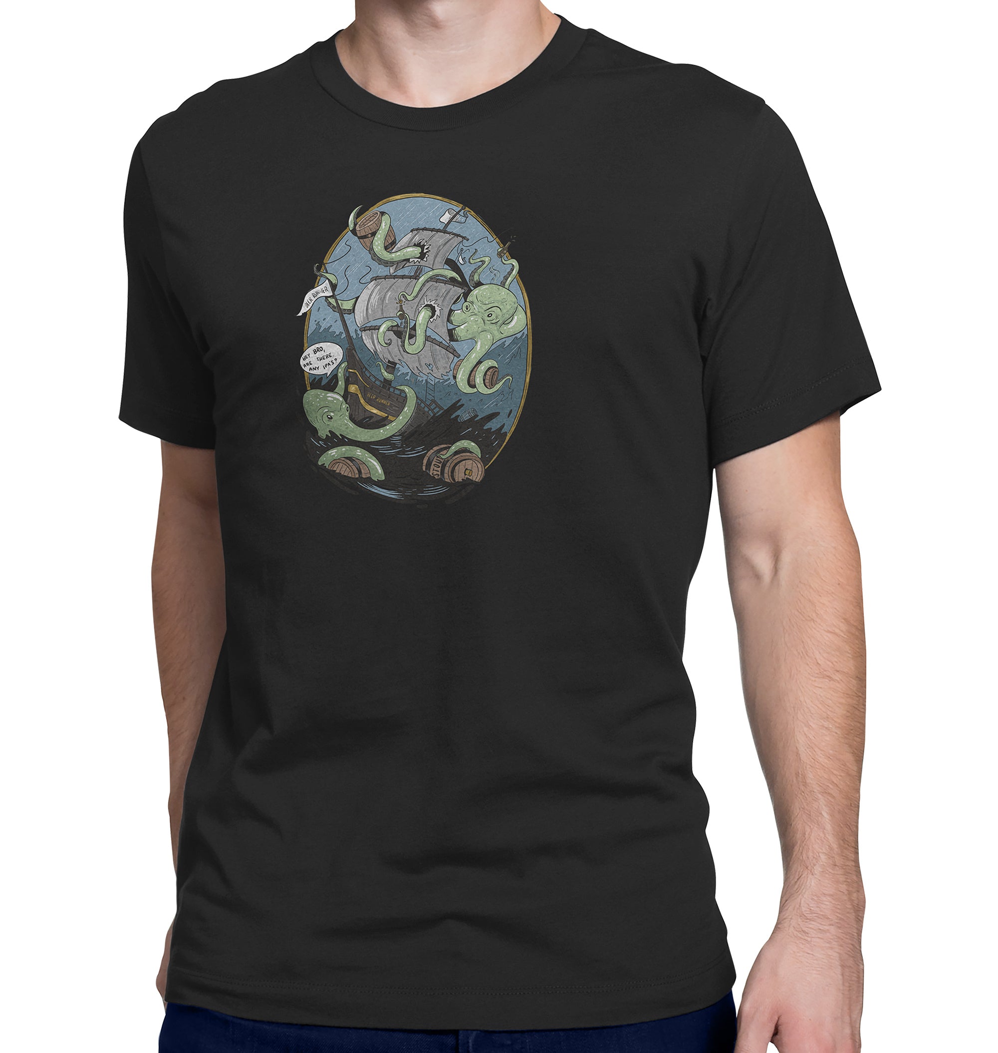 Humorous craft beer t-shirt with sea monster chasing beer
