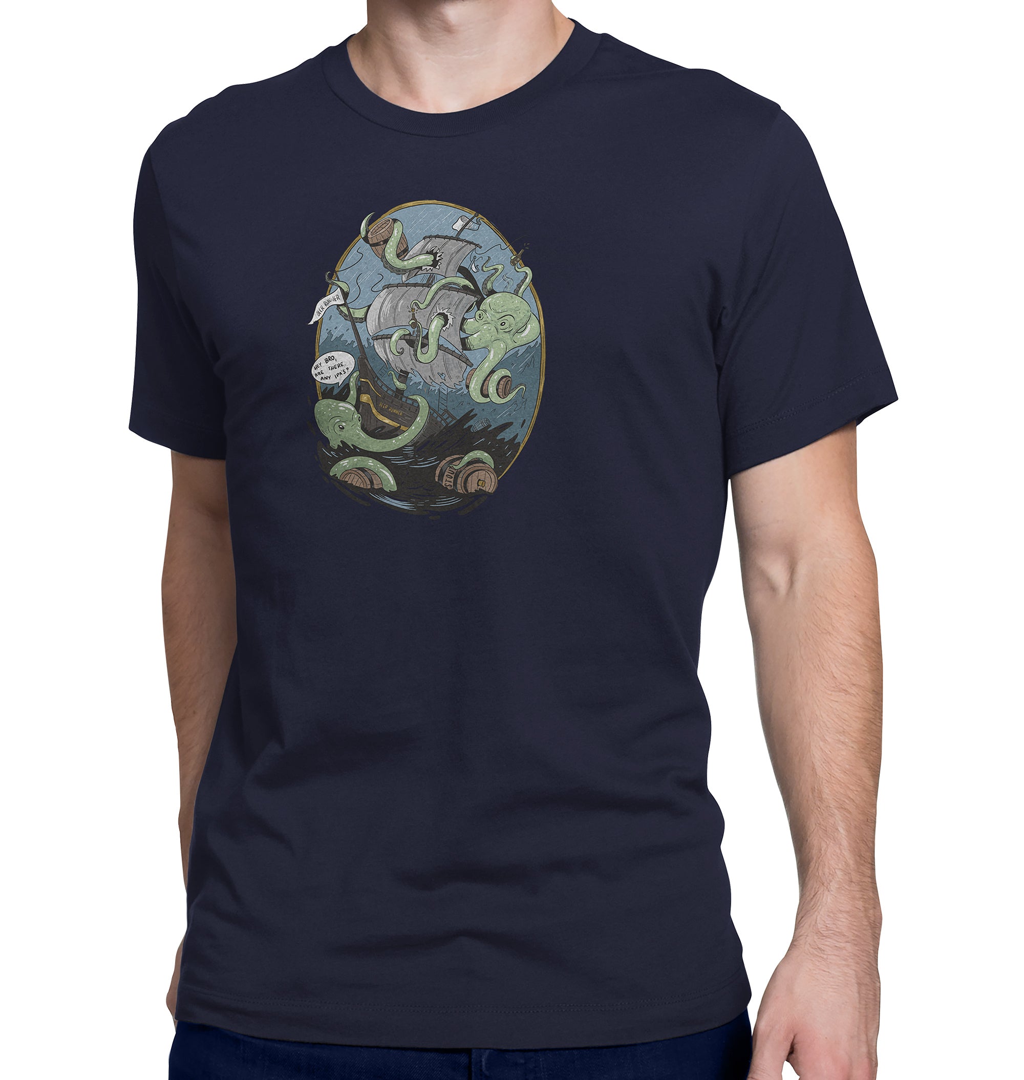 Navy shirt featuring octopus asking for IPAs while destroying ship