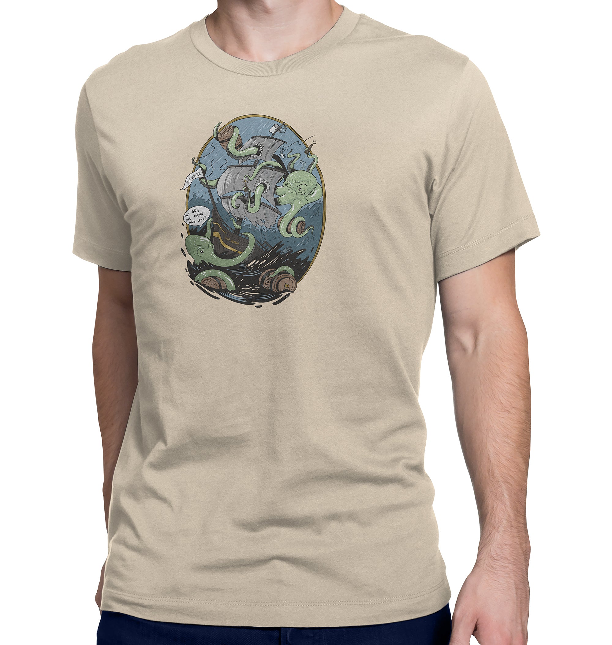 Funny beer t-shirt with octopus attacking ship for beer barrels