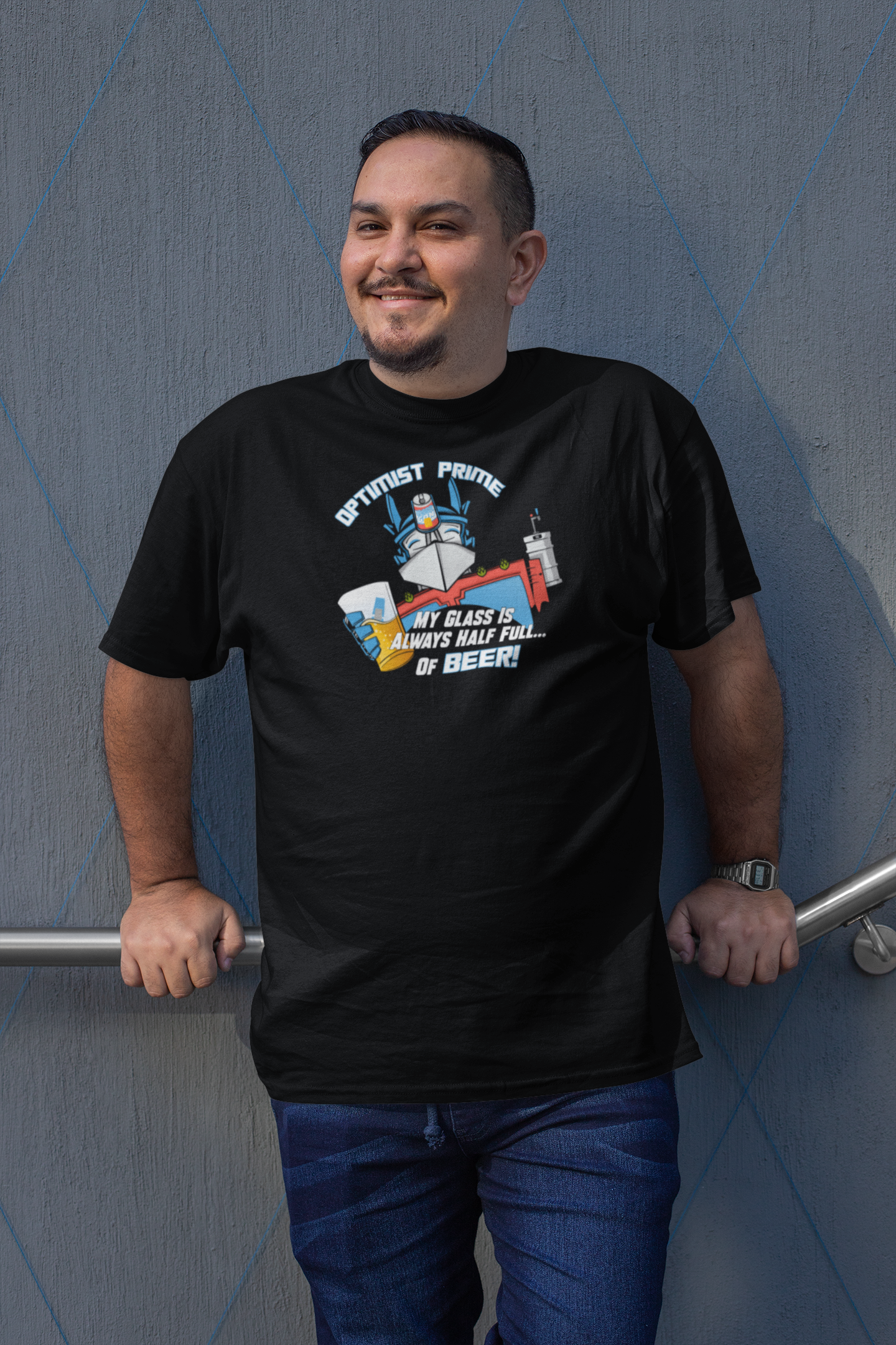 Unisex cotton tee featuring My glass is always half full… of BEER slogan