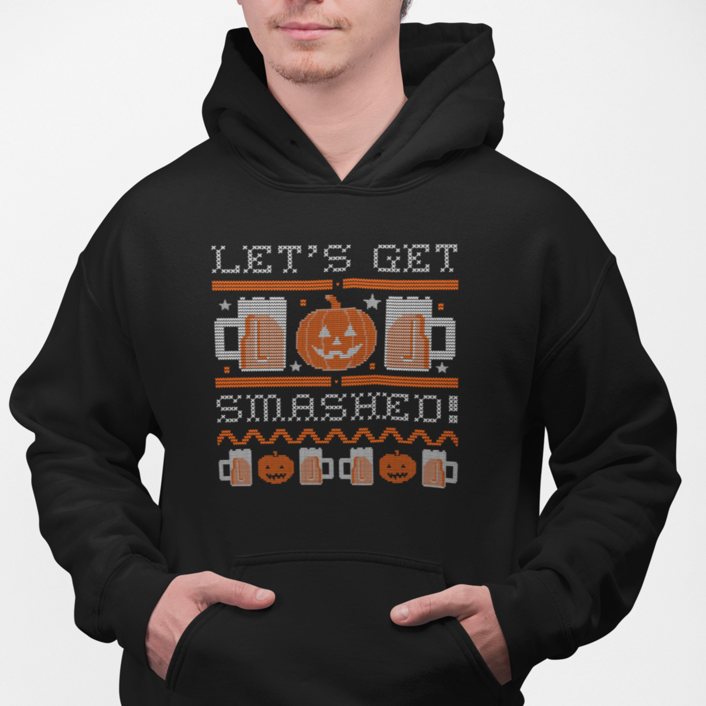 Pullover hoodie with ugly Halloween sweater and beer motifs