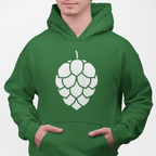 Forest green hoodie with white hop cone graphic