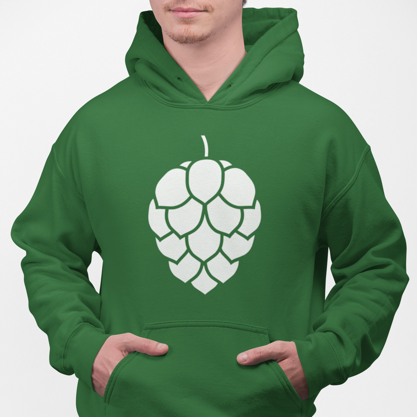 Forest green hoodie with white hop cone graphic