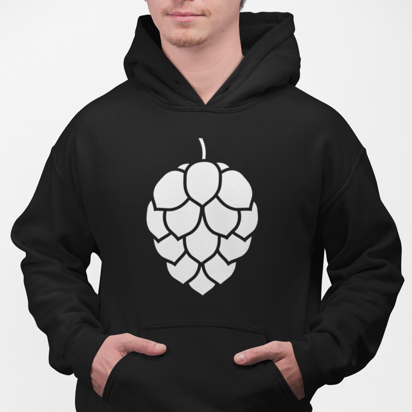 Charcoal black pullover hoodie featuring minimalist hop illustration