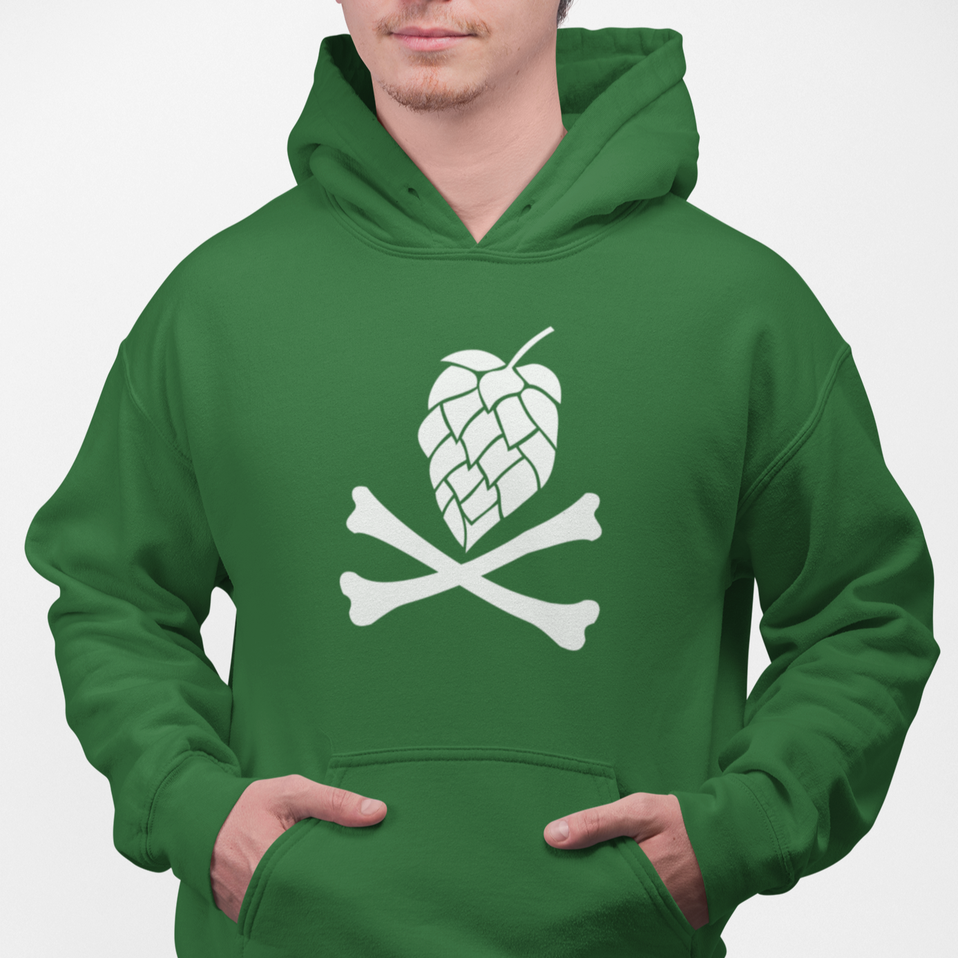 Forest green hoodie featuring Hops & Crossbones craft beer design in white